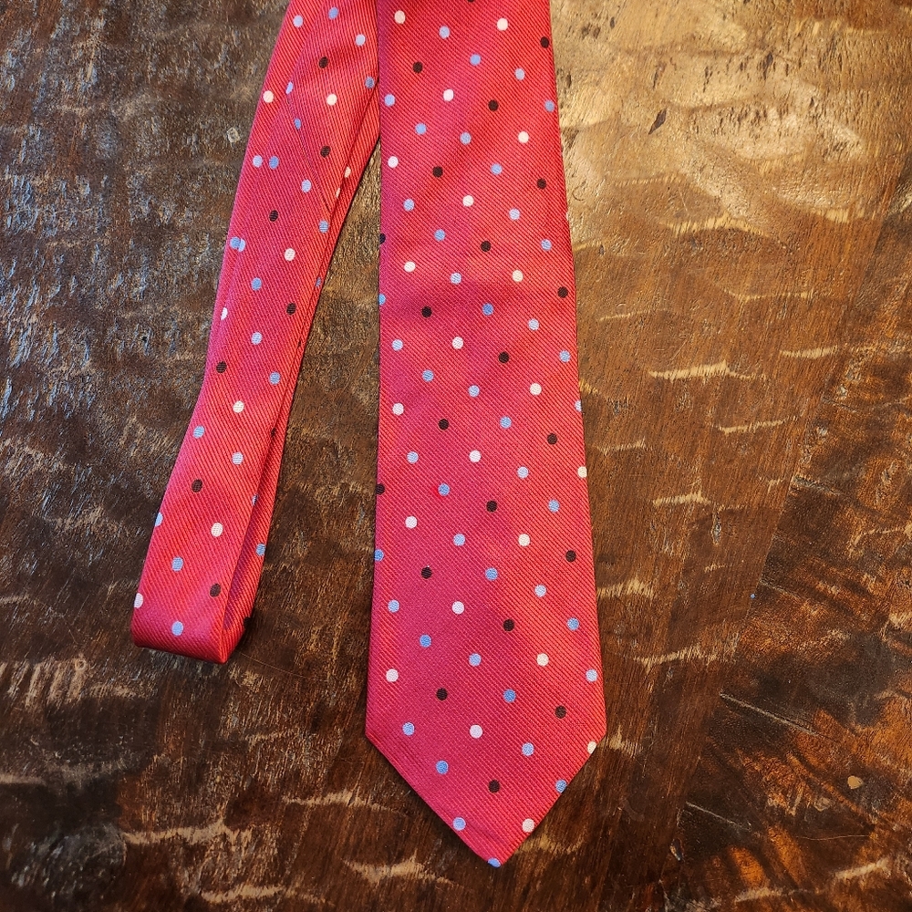 Pronto Uomo 100% Silk Tie Classic Red with Silver Black White Dots excellent